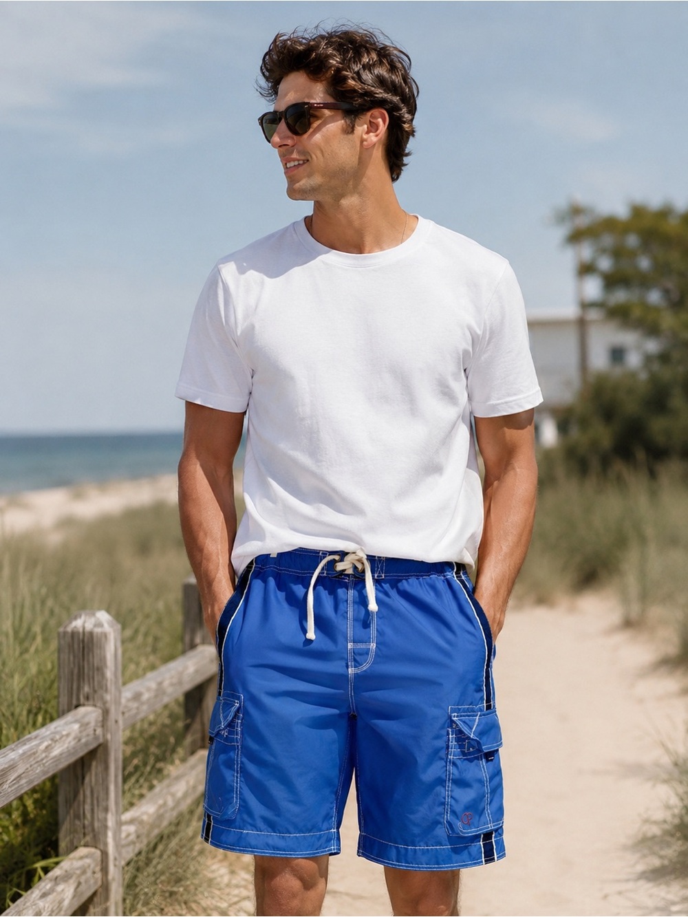 Vintage Ocean Pacific OP Mens Blue Cargo Board Shorts 35 Surf Swim Trunks